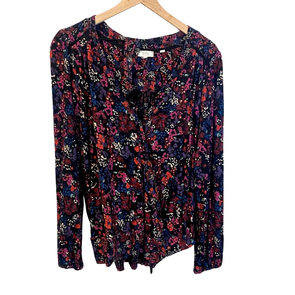 FatFace Dark Floral Faux Wrap Long Sleeve Blouse Smocked Hem 100% Viscose Sz 14